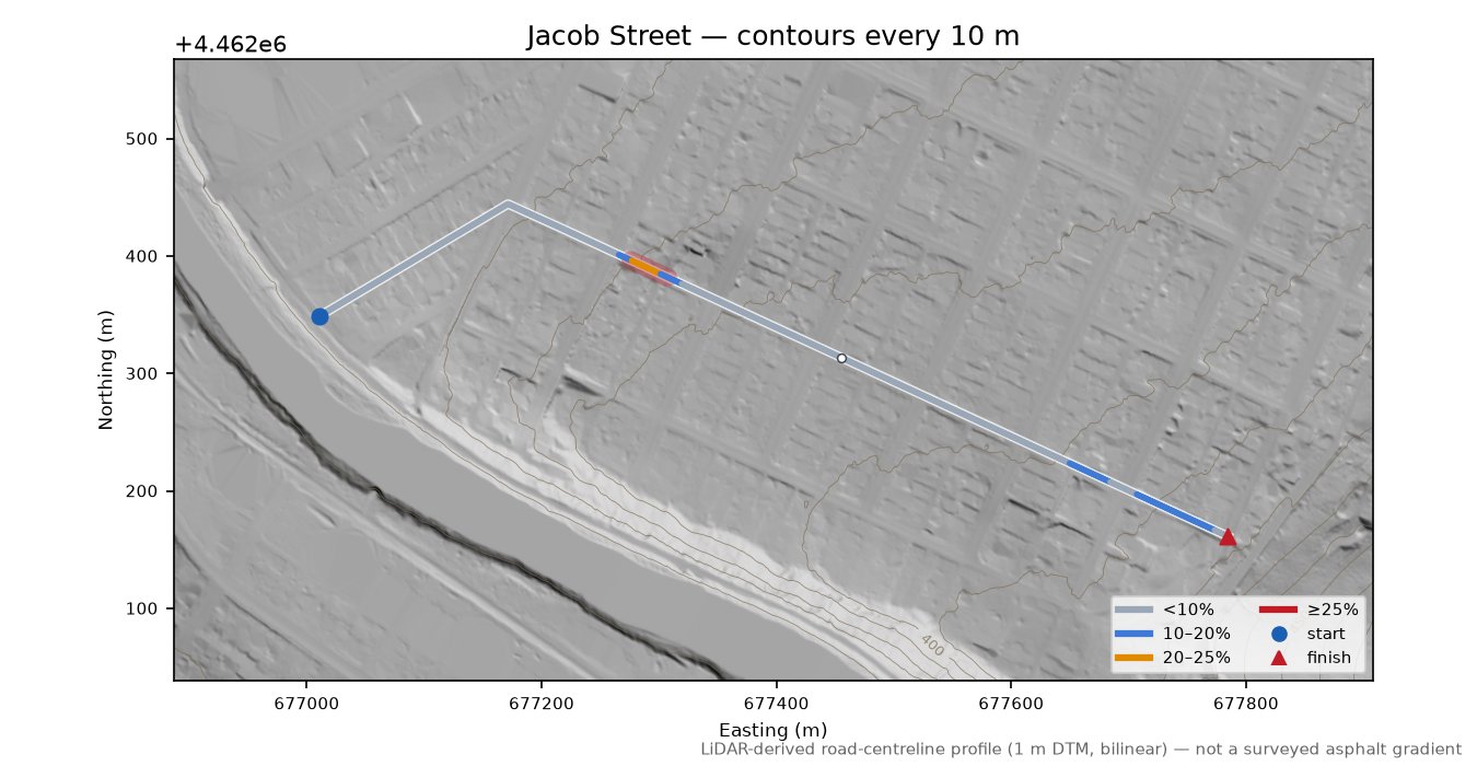 Jacob Street LiDAR hillshade map with contours