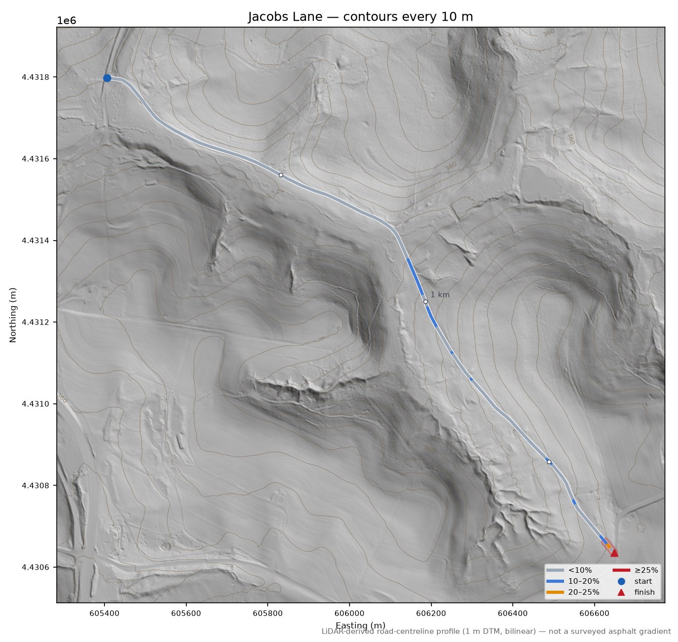 Jacobs Lane LiDAR hillshade map with contours