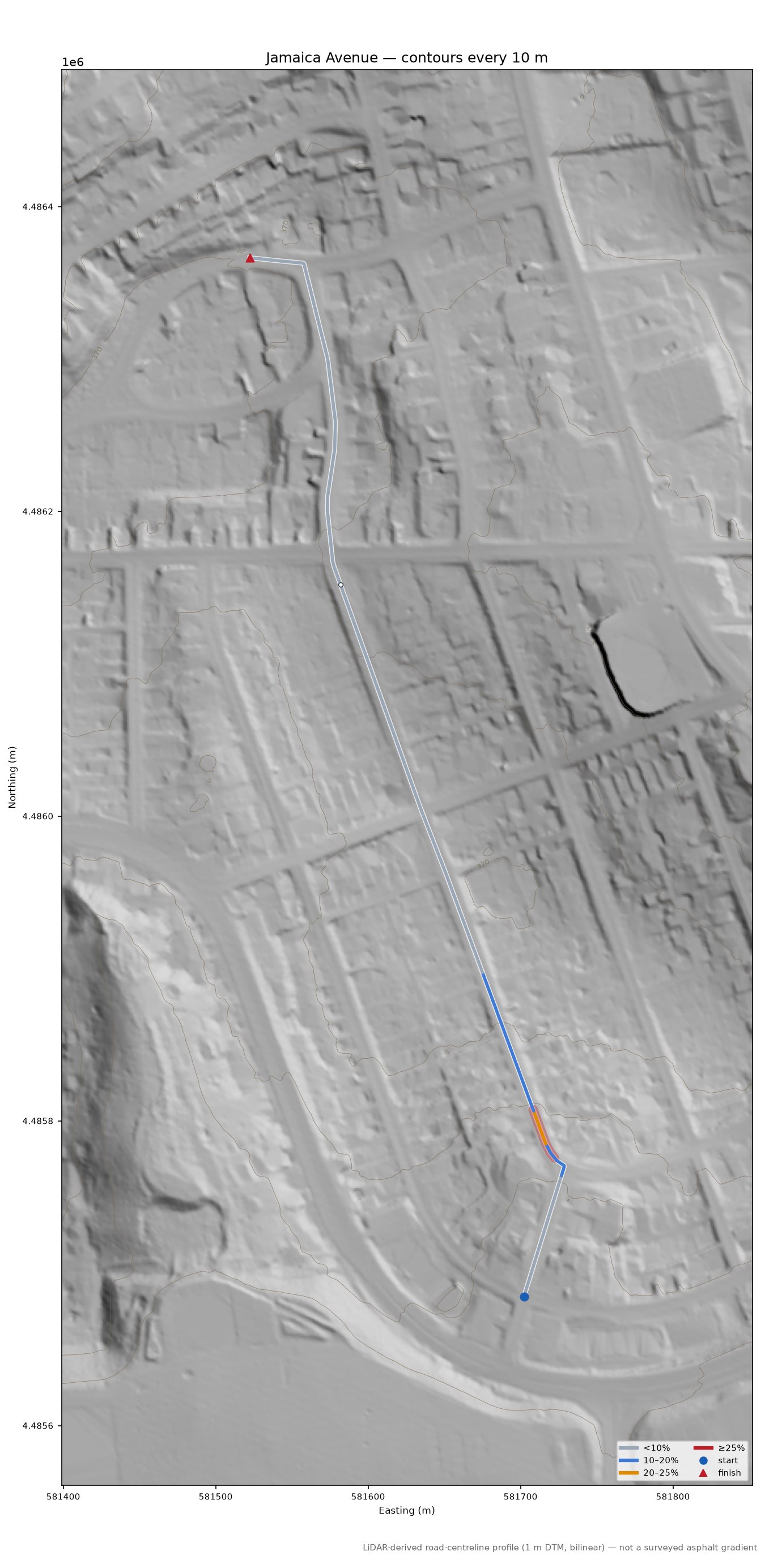 Jamaica Avenue LiDAR hillshade map with contours