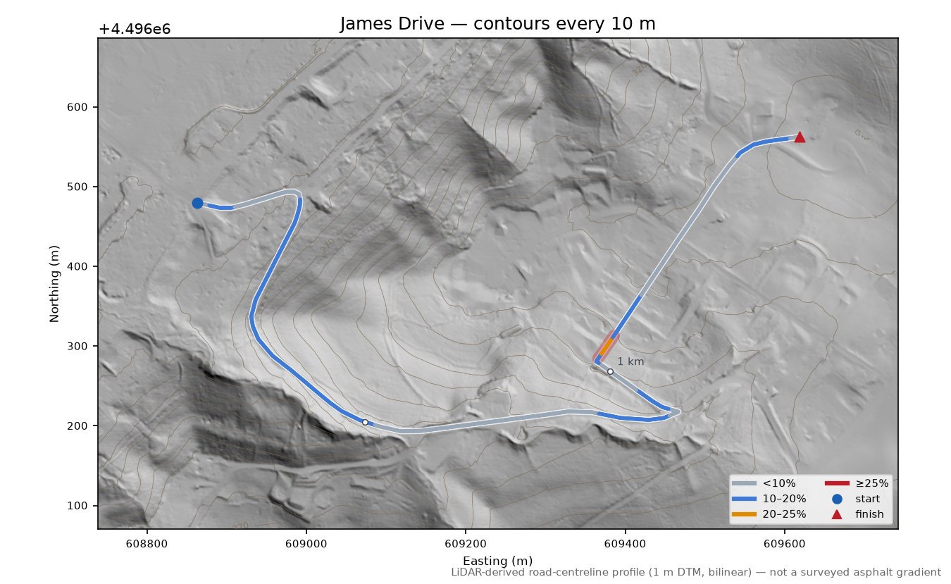 James Drive LiDAR hillshade map with contours