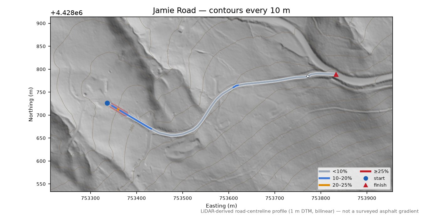 Jamie Road LiDAR hillshade map with contours