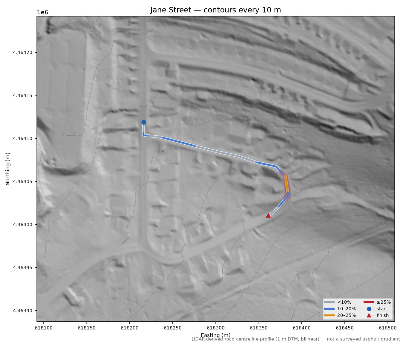 Jane Street LiDAR hillshade map with contours