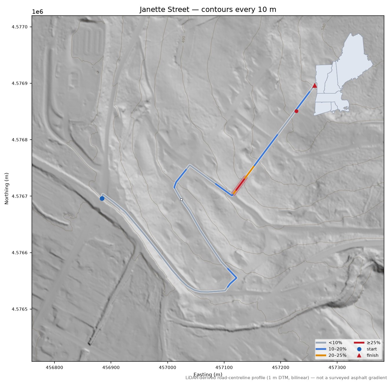Janette Street LiDAR hillshade map with contours