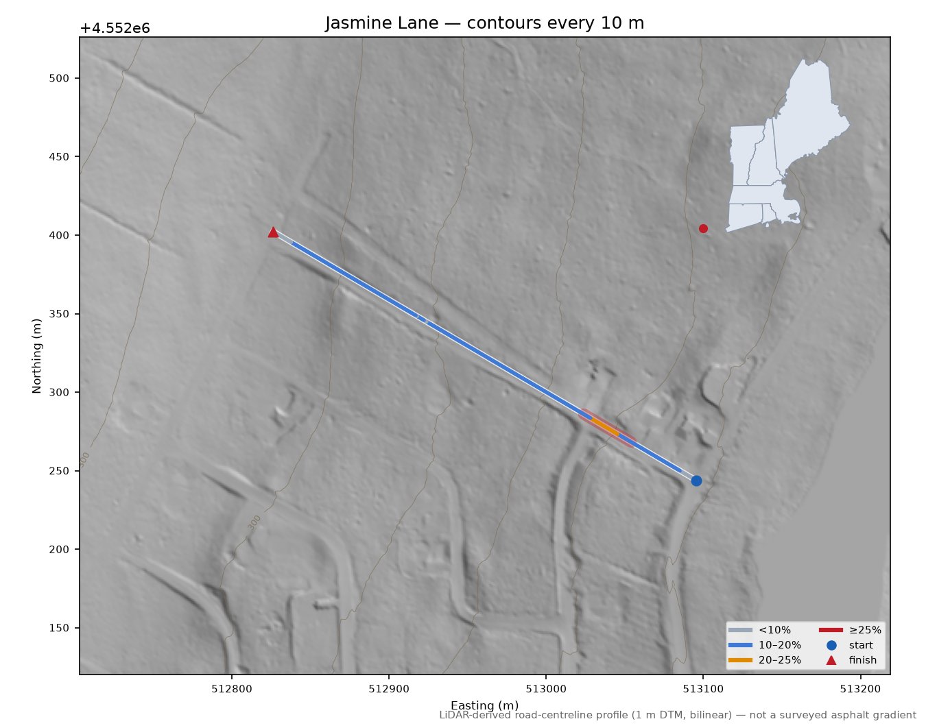 Jasmine Lane LiDAR hillshade map with contours