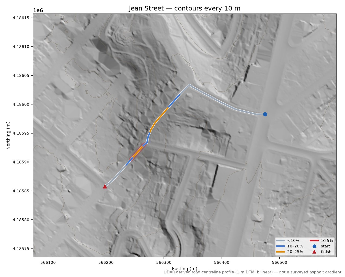 Jean Street LiDAR hillshade map with contours