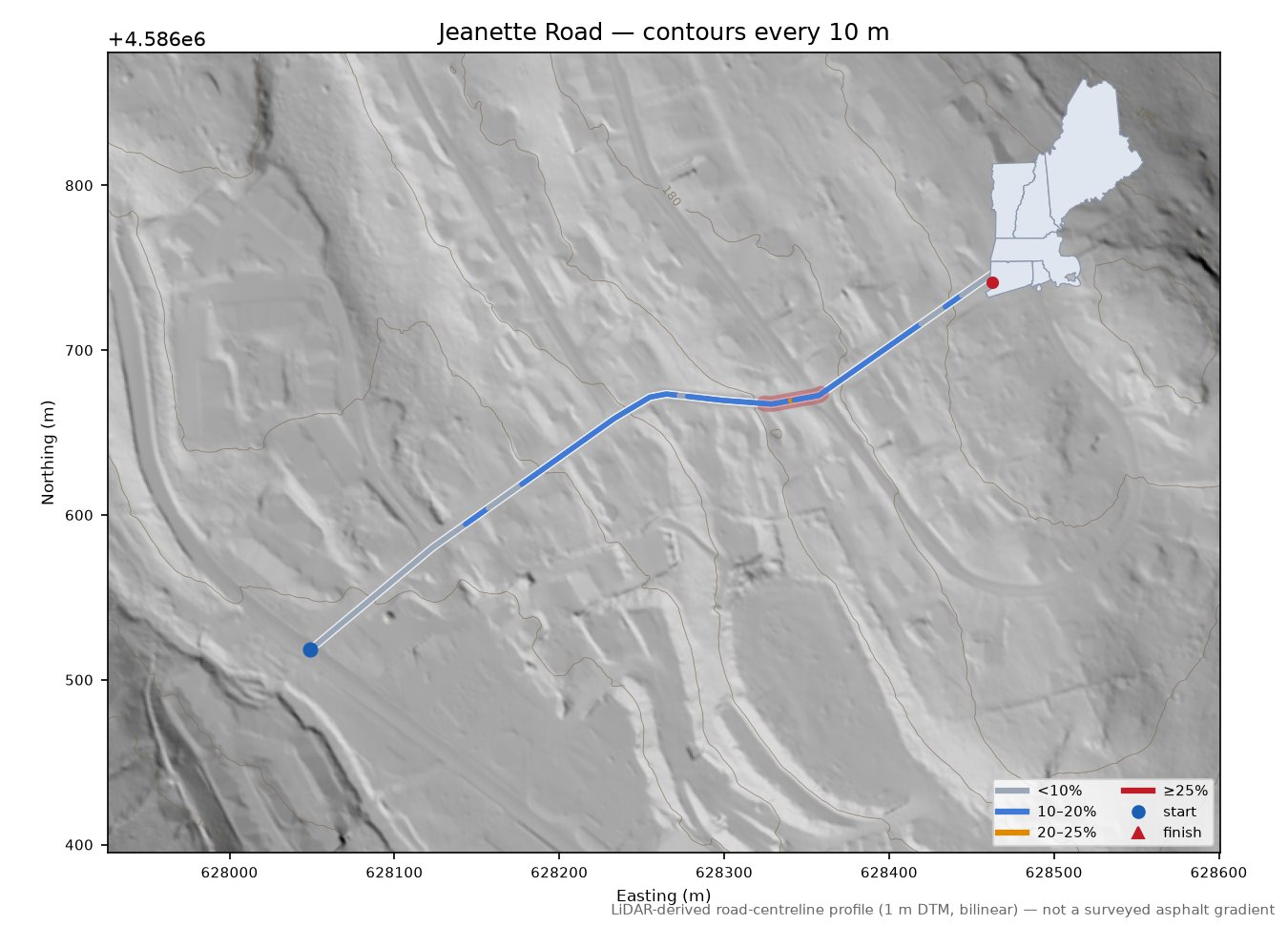 Jeanette Road LiDAR hillshade map with contours