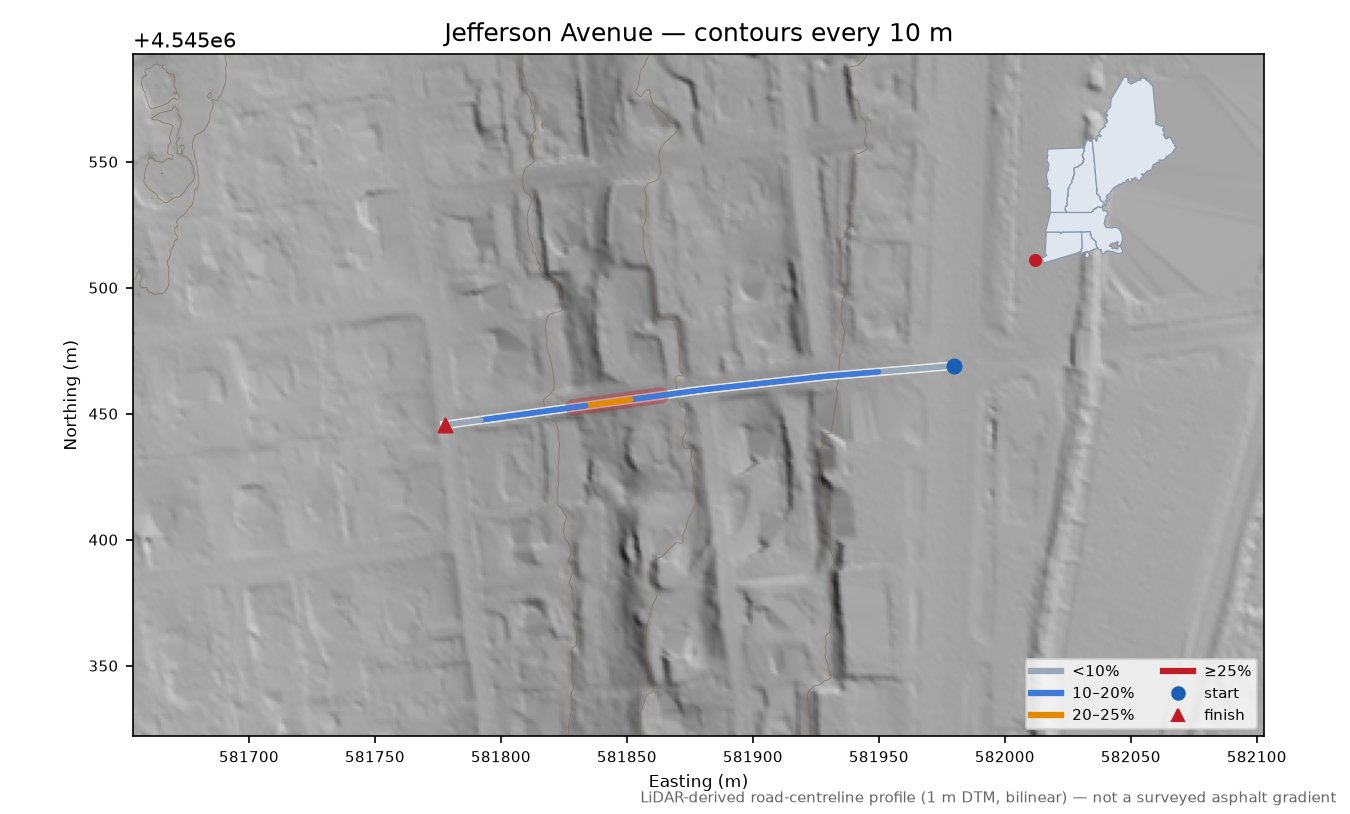 Jefferson Avenue LiDAR hillshade map with contours