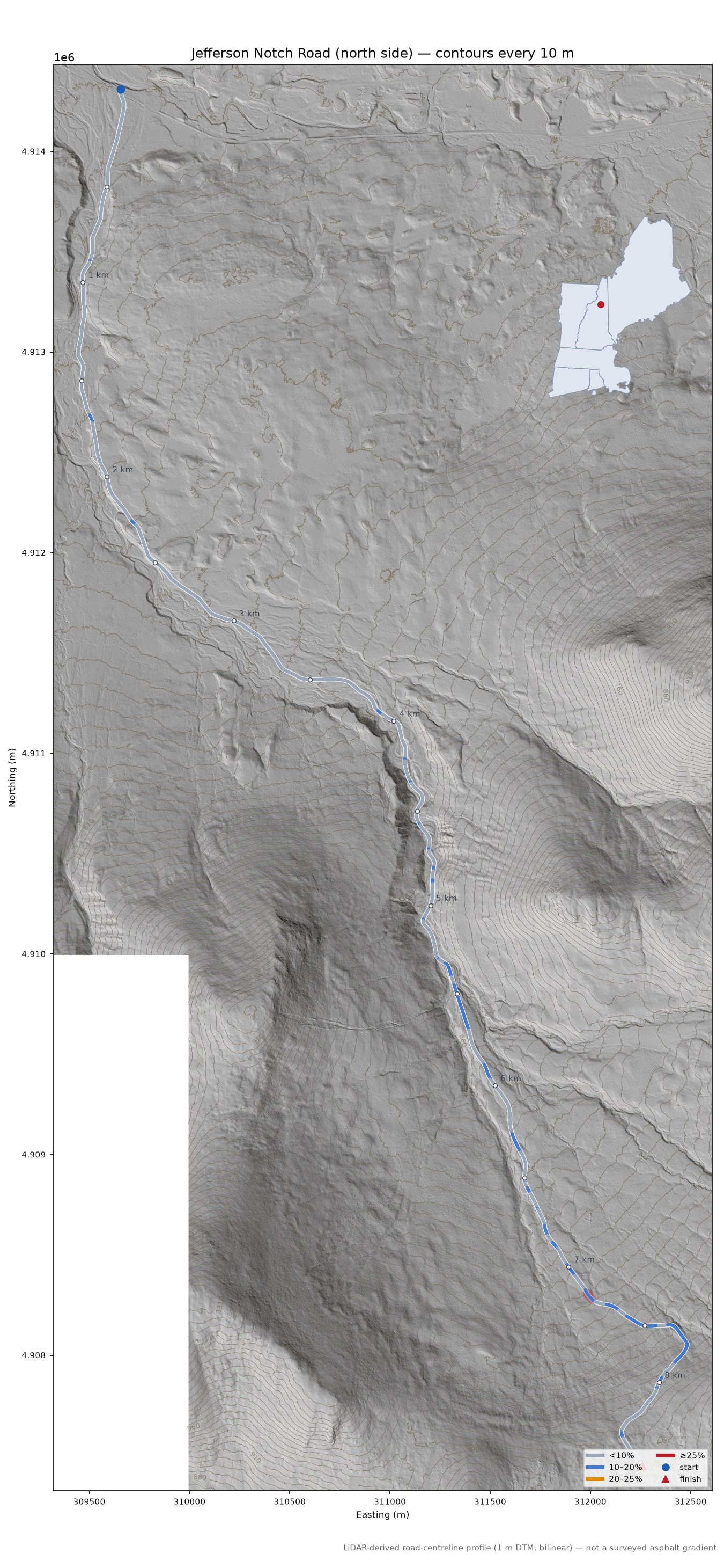 Jefferson Notch Road (north side) LiDAR hillshade map with contours