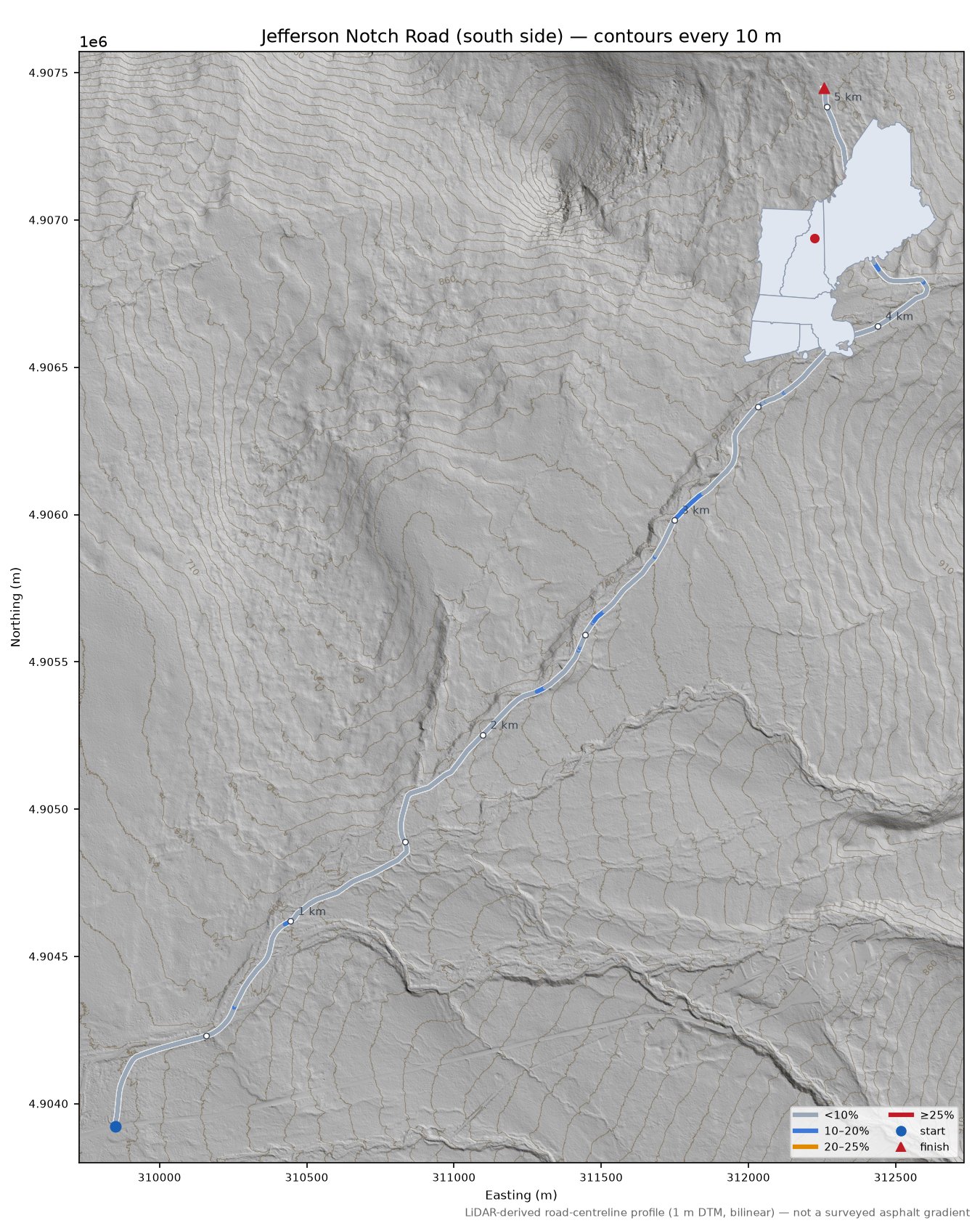 Jefferson Notch Road (south side) LiDAR hillshade map with contours