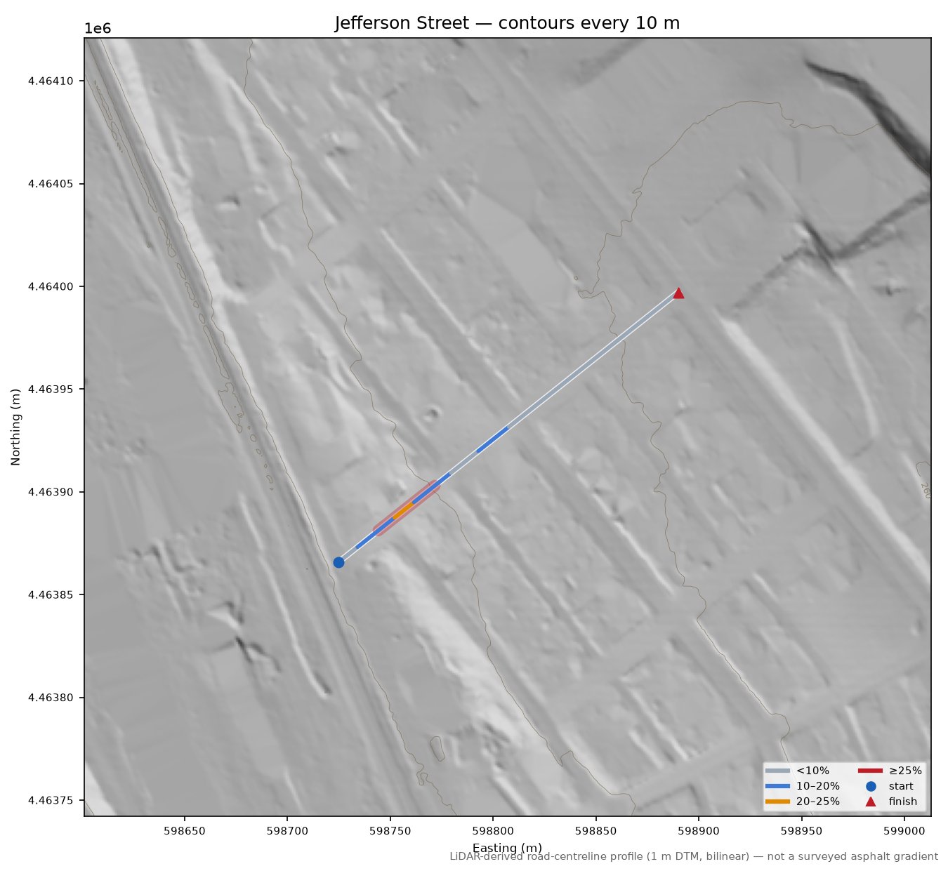 Jefferson Street LiDAR hillshade map with contours