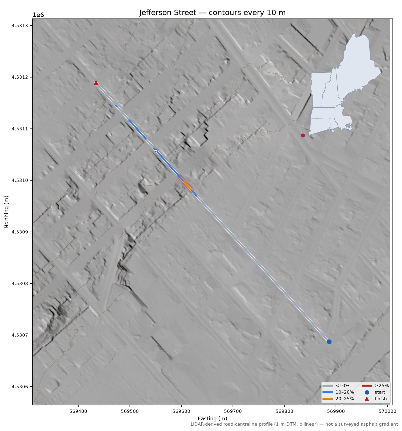 Jefferson Street LiDAR hillshade map with contours