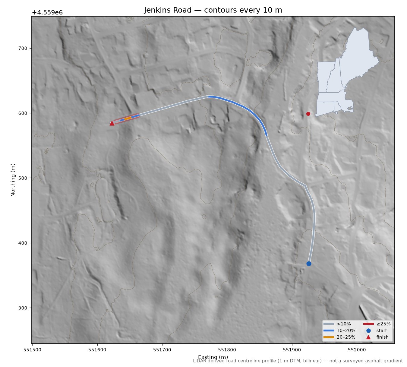 Jenkins Road LiDAR hillshade map with contours