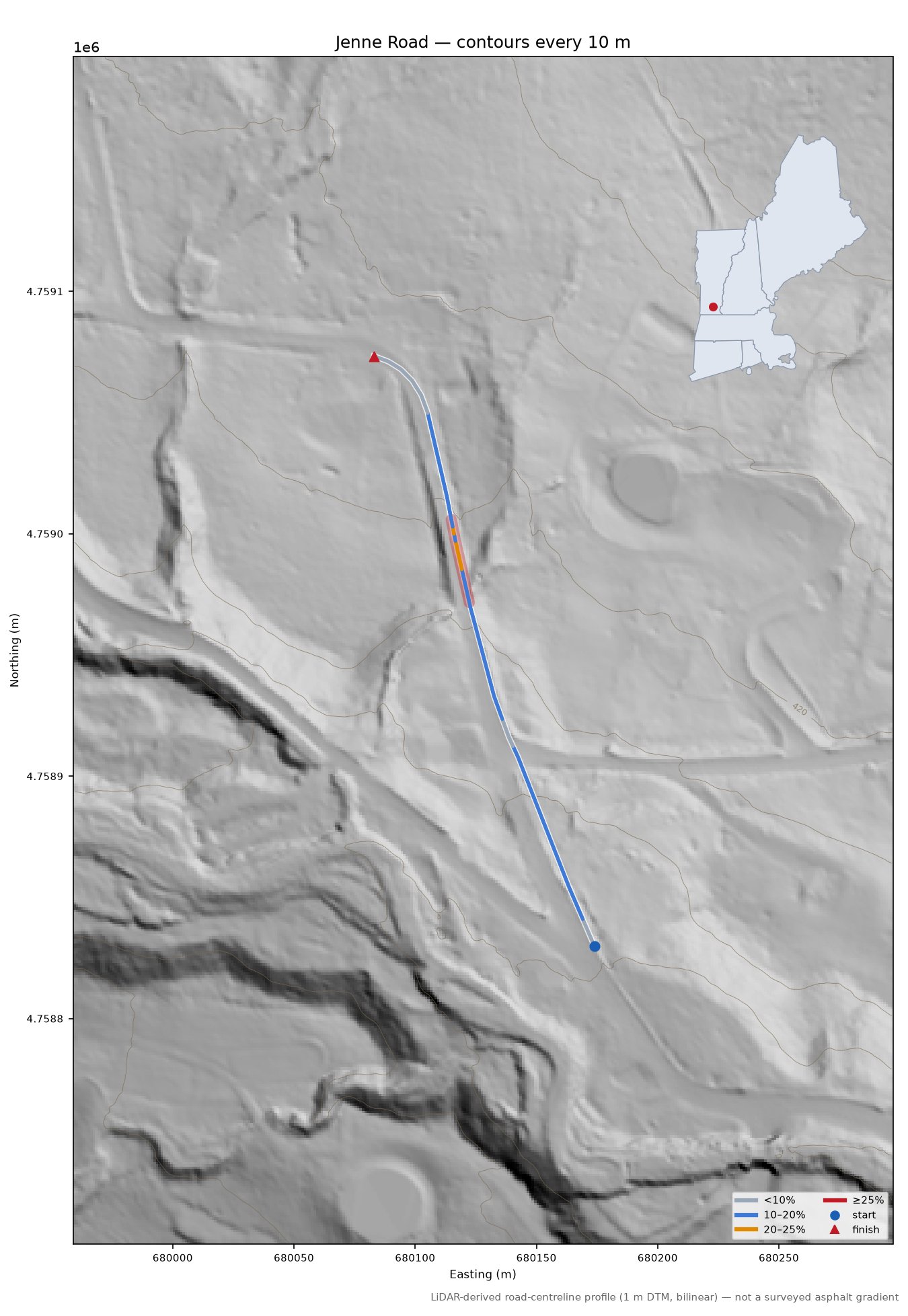 Jenne Road LiDAR hillshade map with contours