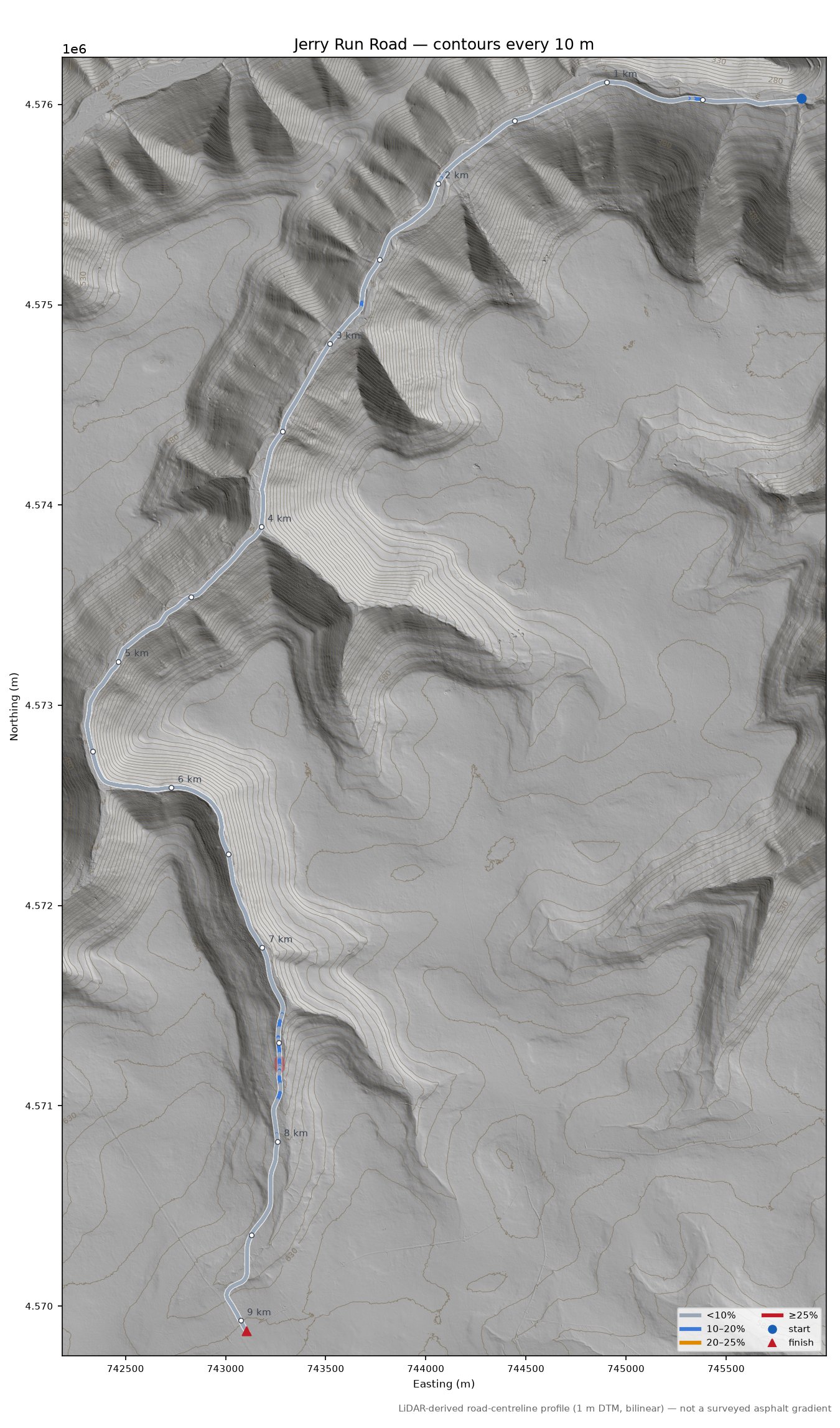 Jerry Run Road LiDAR hillshade map with contours