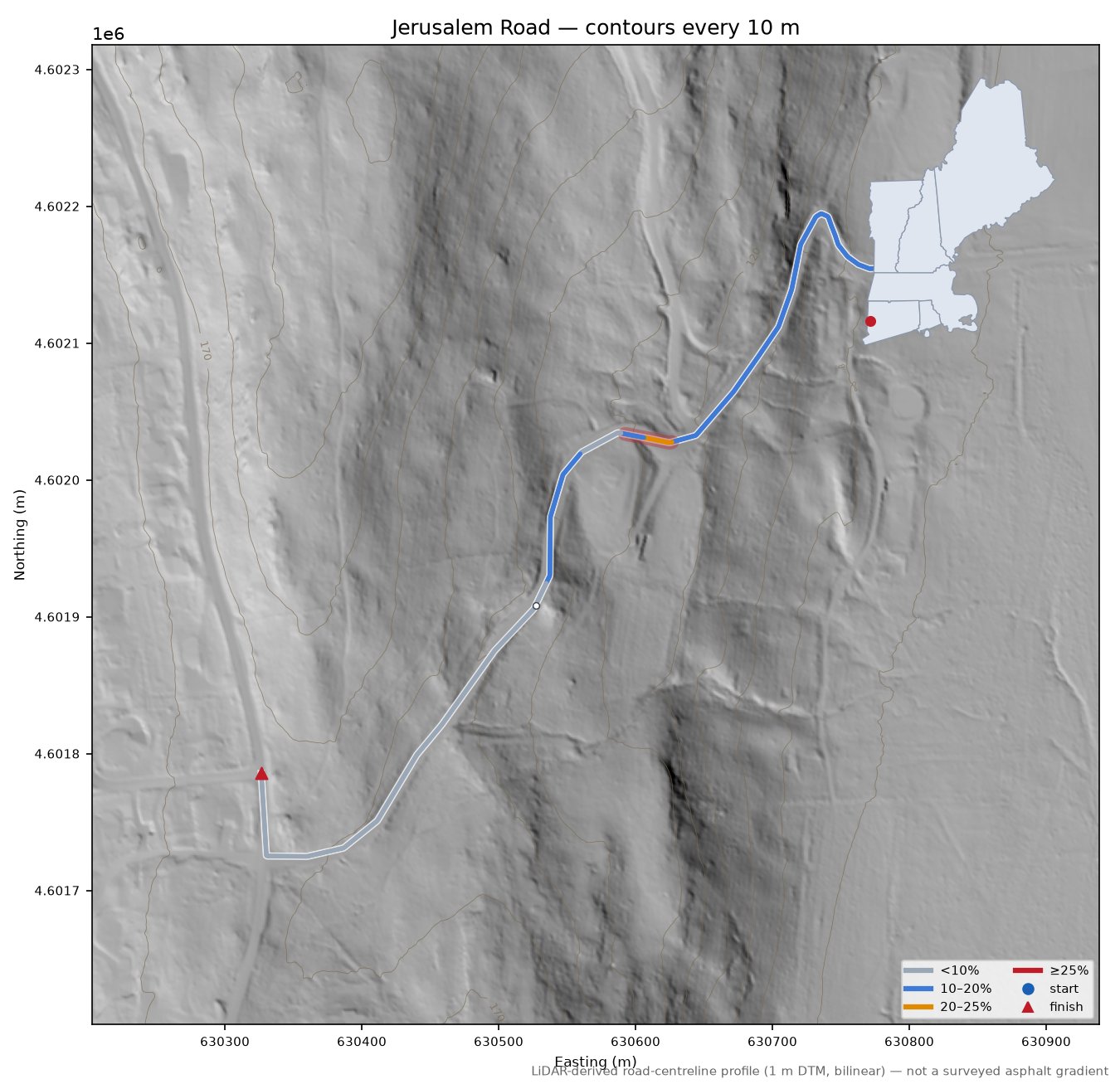 Jerusalem Road LiDAR hillshade map with contours