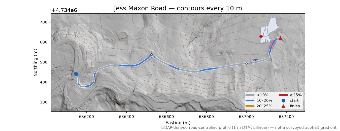 Jess Maxon Road LiDAR hillshade map with contours