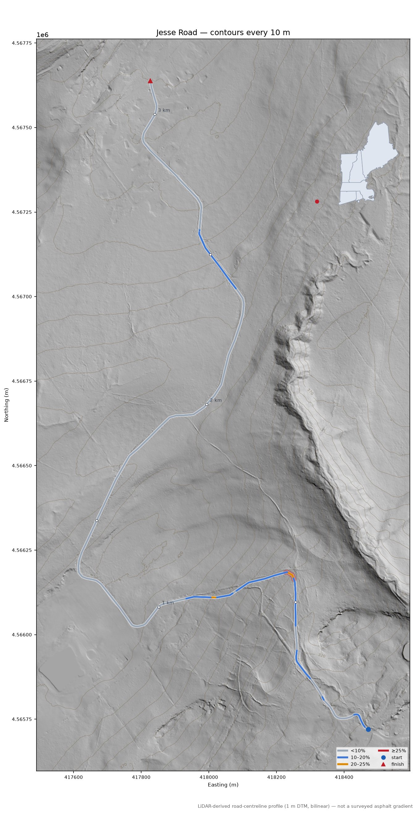 Jesse Road LiDAR hillshade map with contours