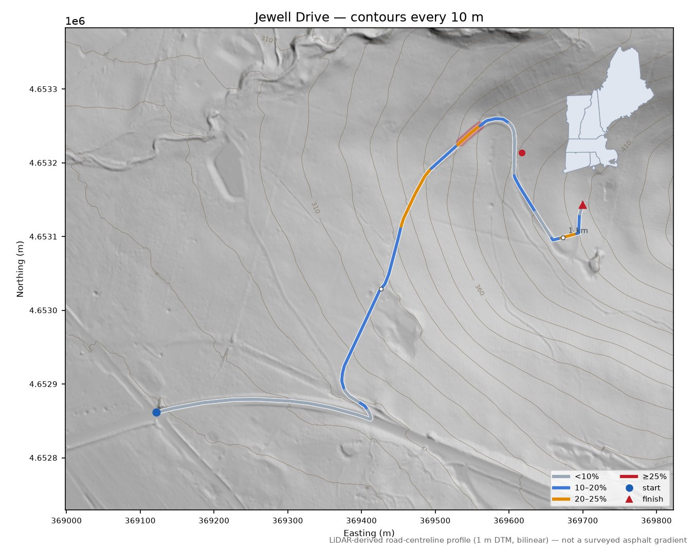 Jewell Drive LiDAR hillshade map with contours