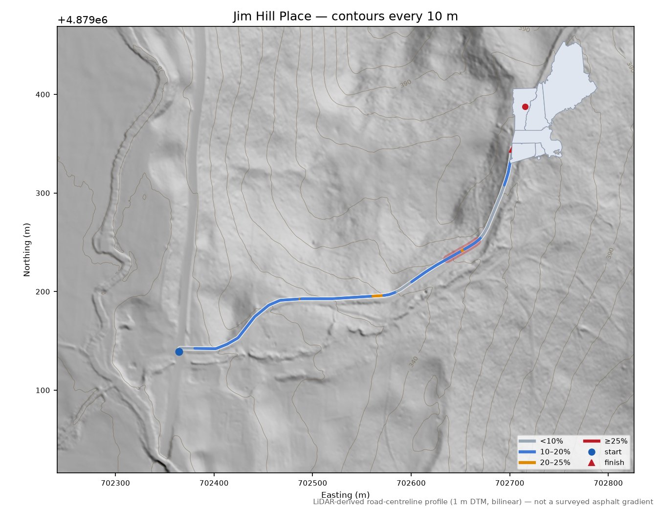 Jim Hill Place LiDAR hillshade map with contours