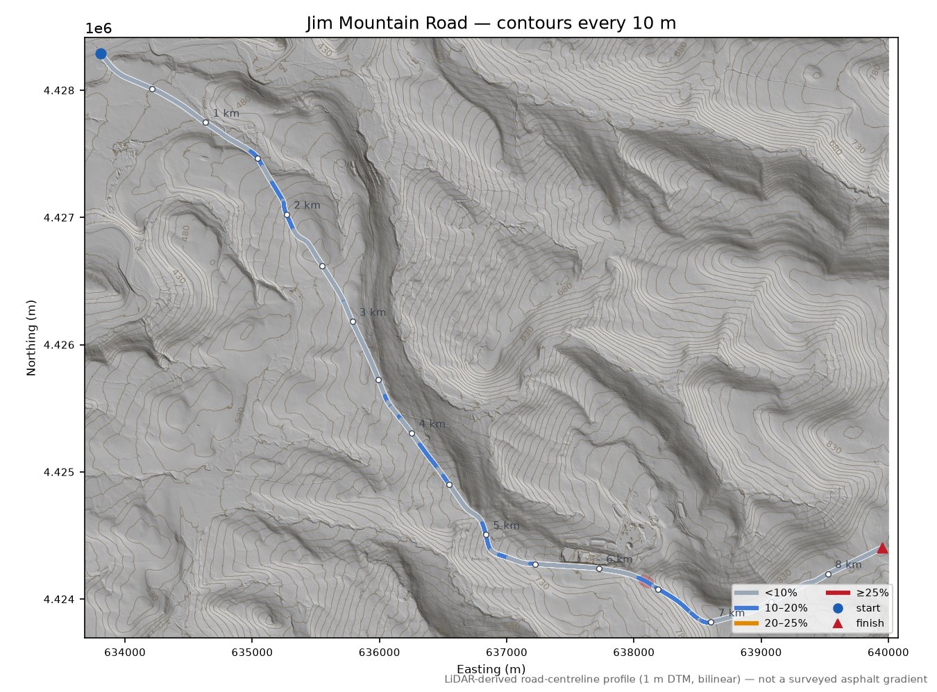 Jim Mountain Road LiDAR hillshade map with contours