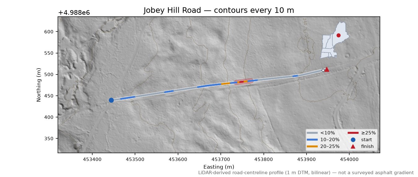 Jobey Hill Road LiDAR hillshade map with contours