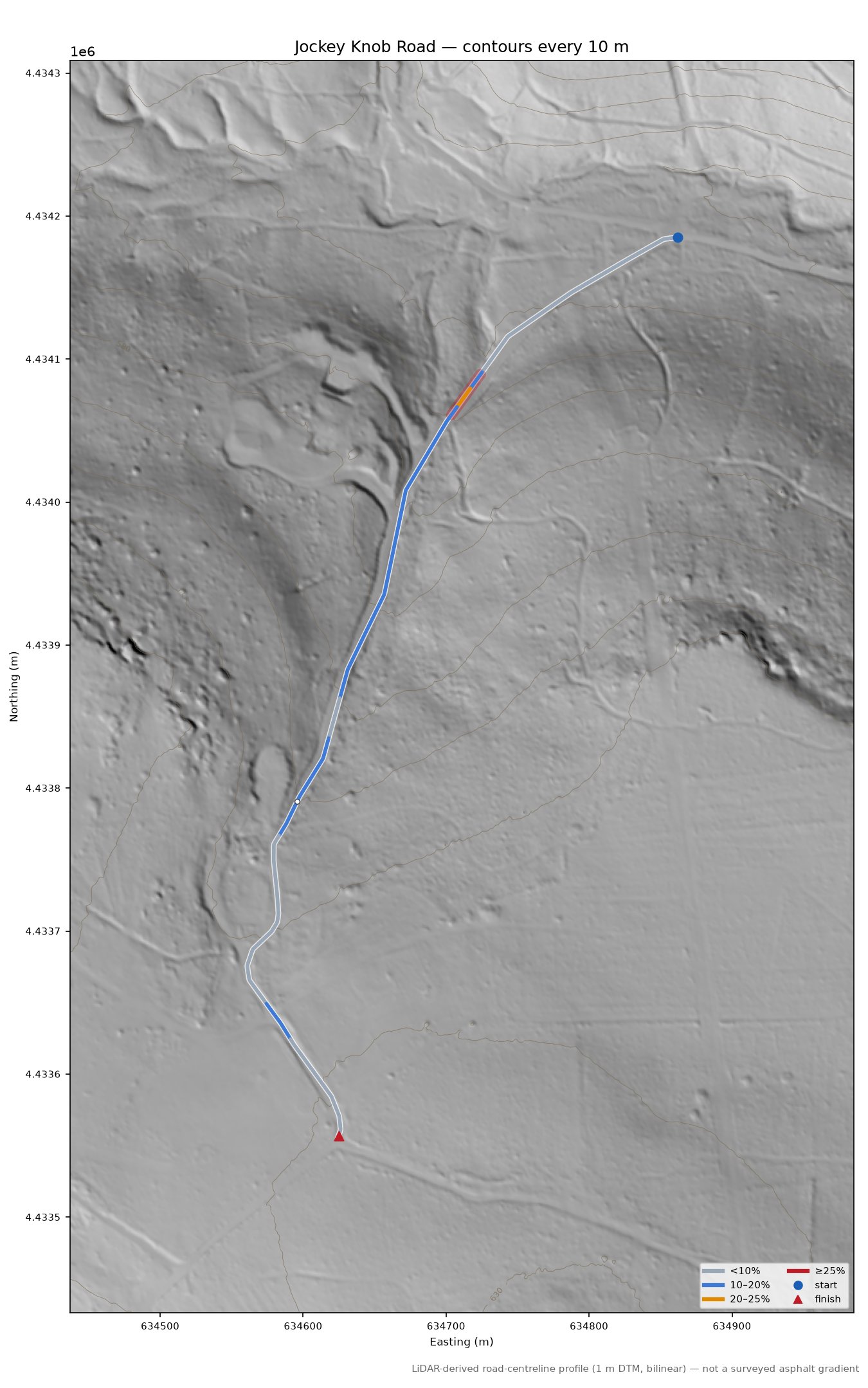 Jockey Knob Road LiDAR hillshade map with contours