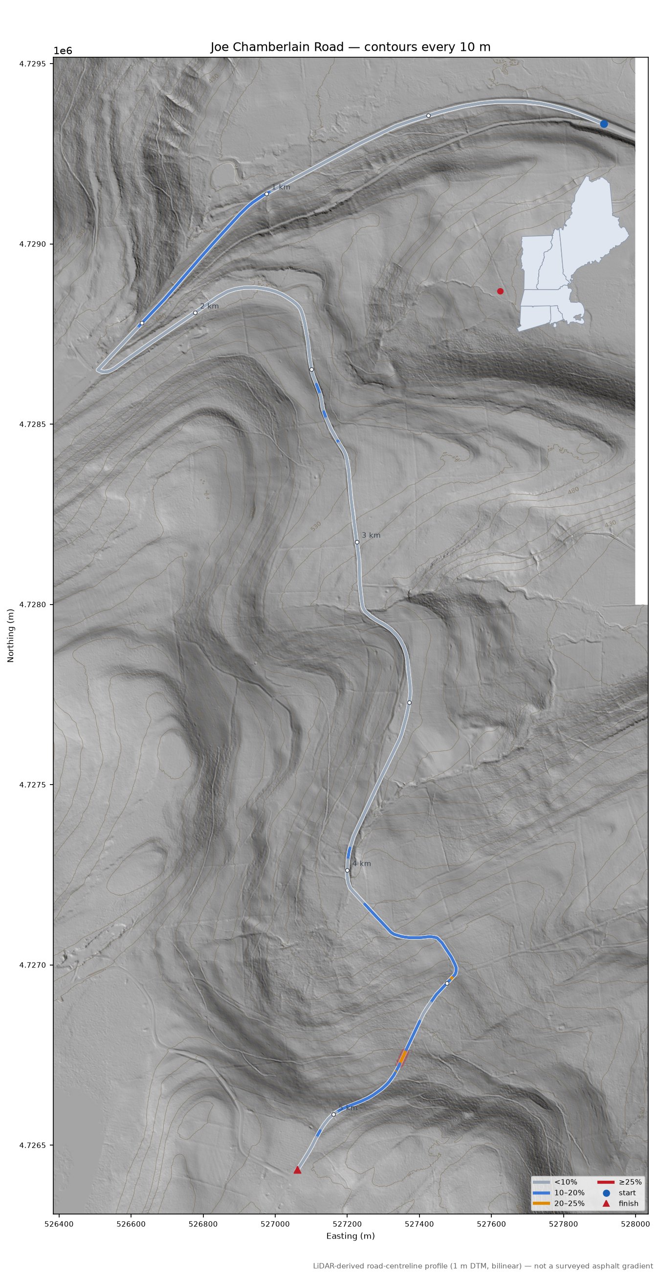 Joe Chamberlain Road LiDAR hillshade map with contours