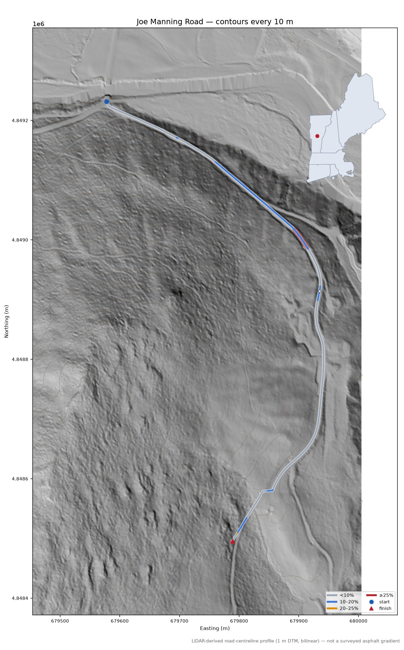 Joe Manning Road LiDAR hillshade map with contours