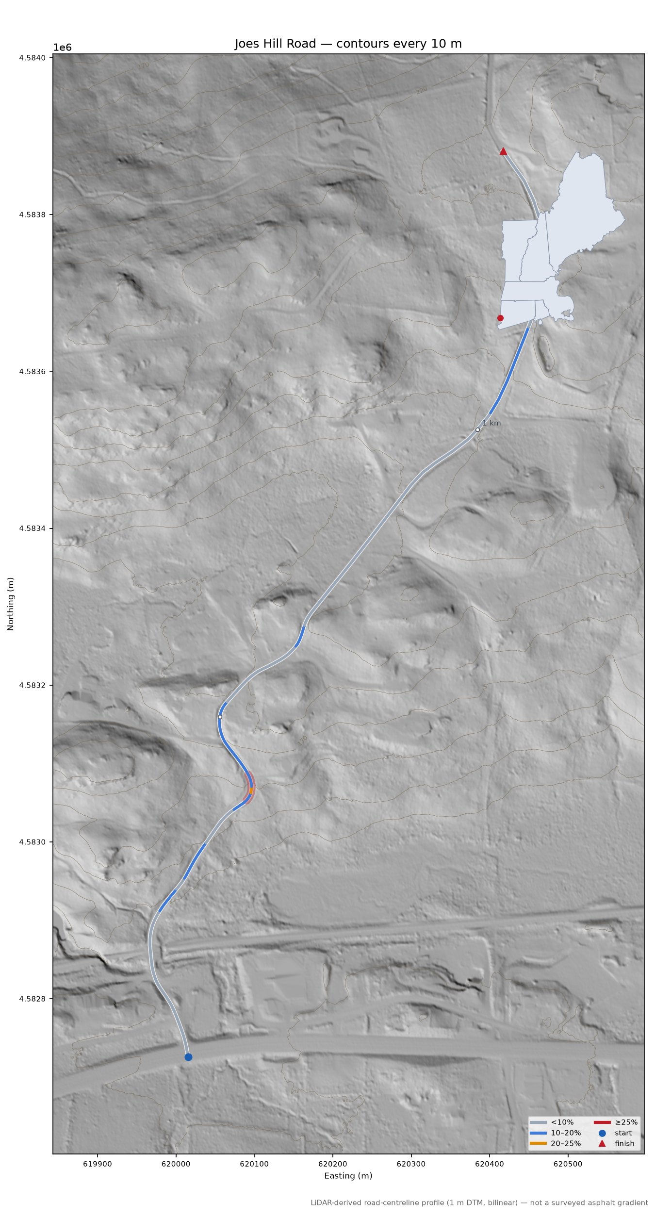 Joes Hill Road LiDAR hillshade map with contours