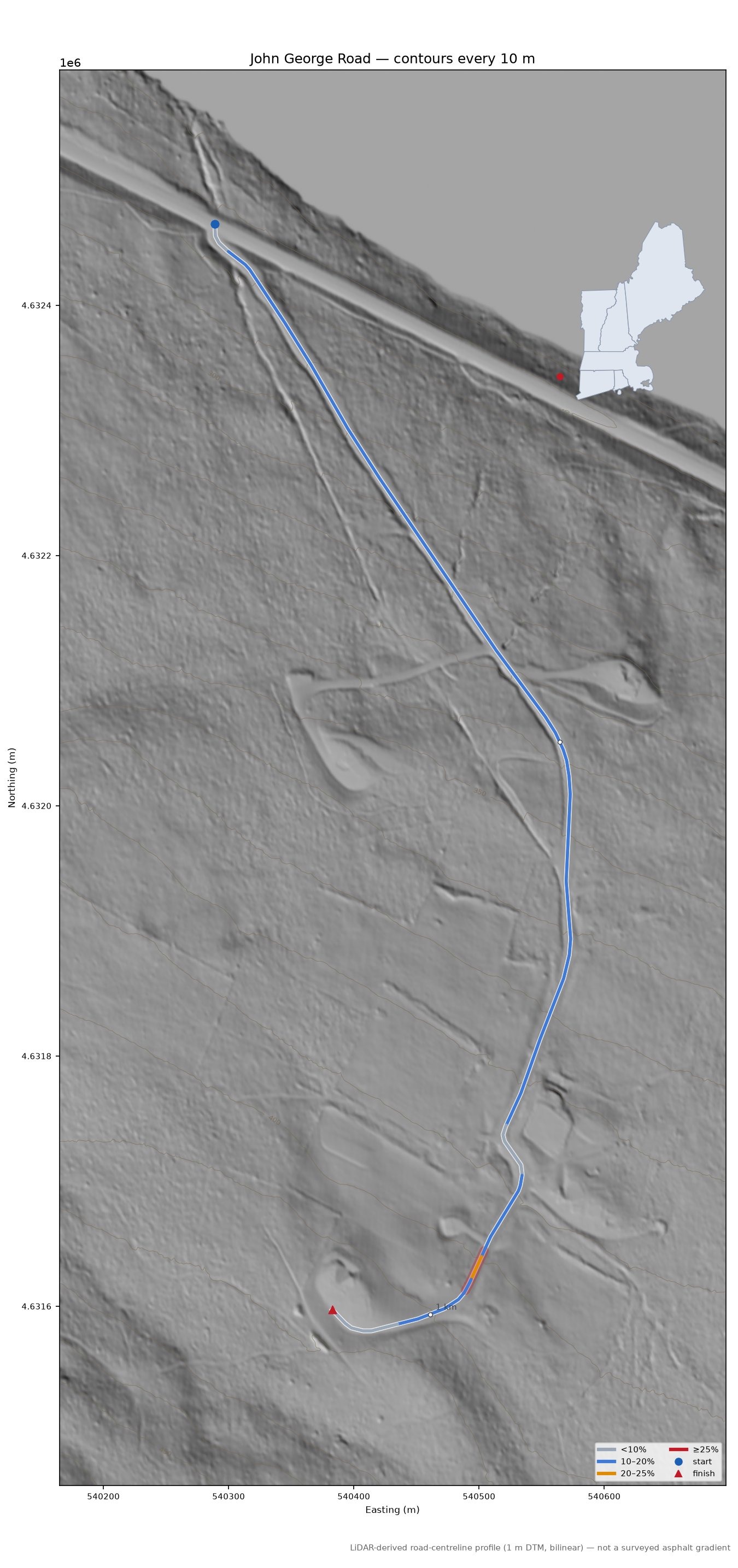 John George Road LiDAR hillshade map with contours