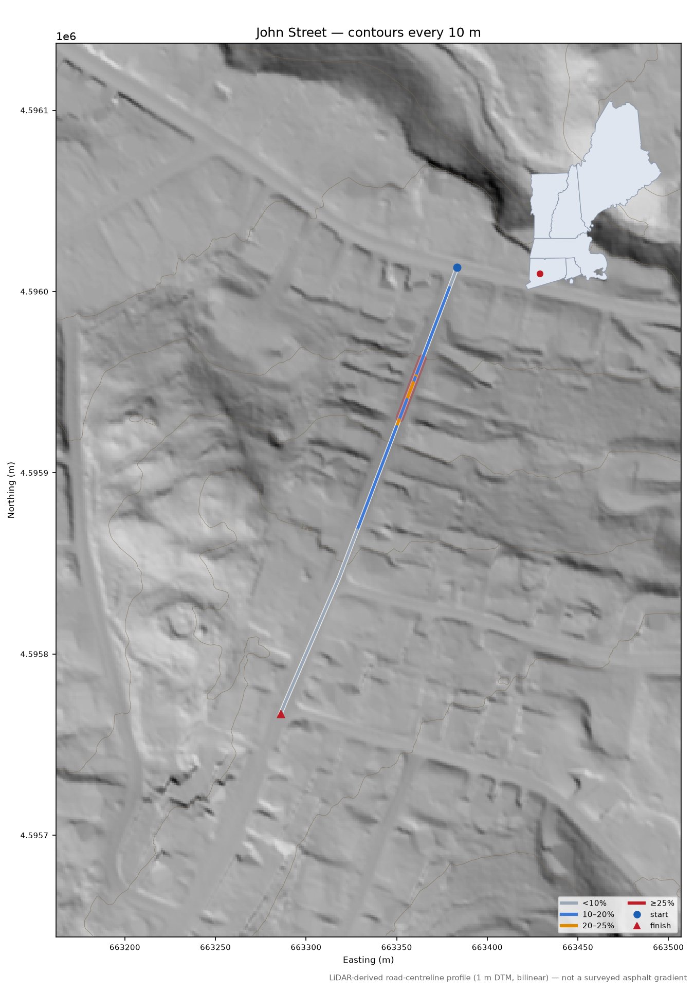John Street LiDAR hillshade map with contours