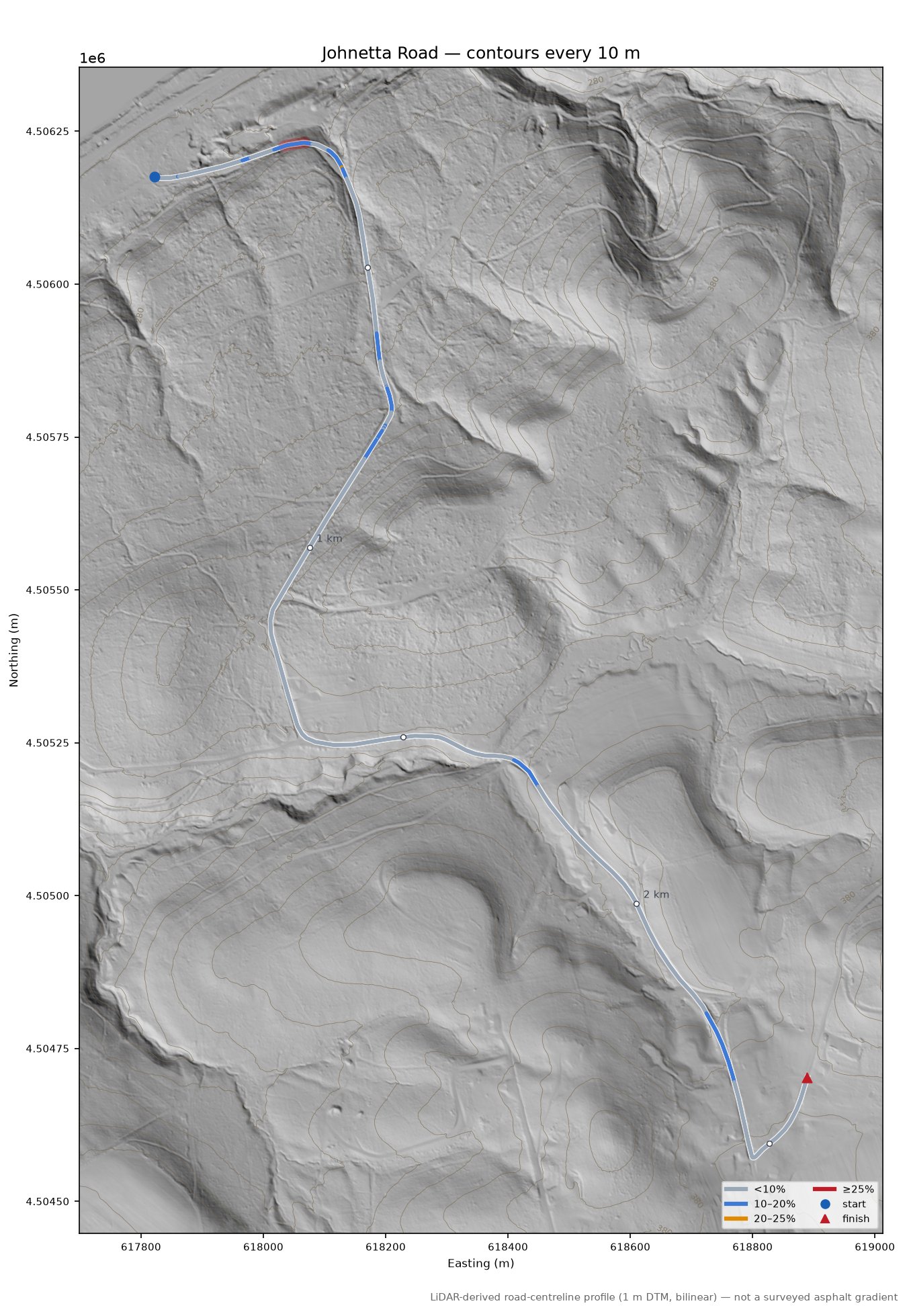 Johnetta Road LiDAR hillshade map with contours