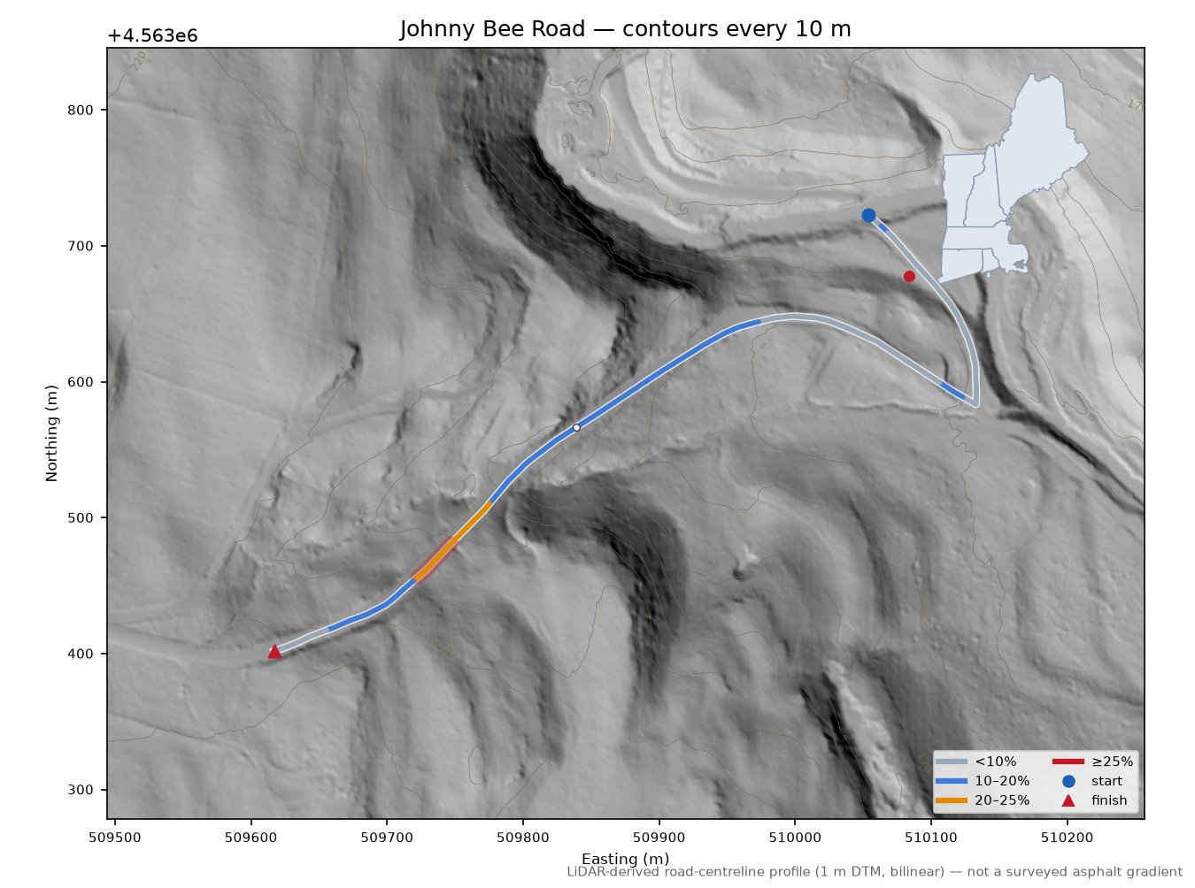 Johnny Bee Road LiDAR hillshade map with contours