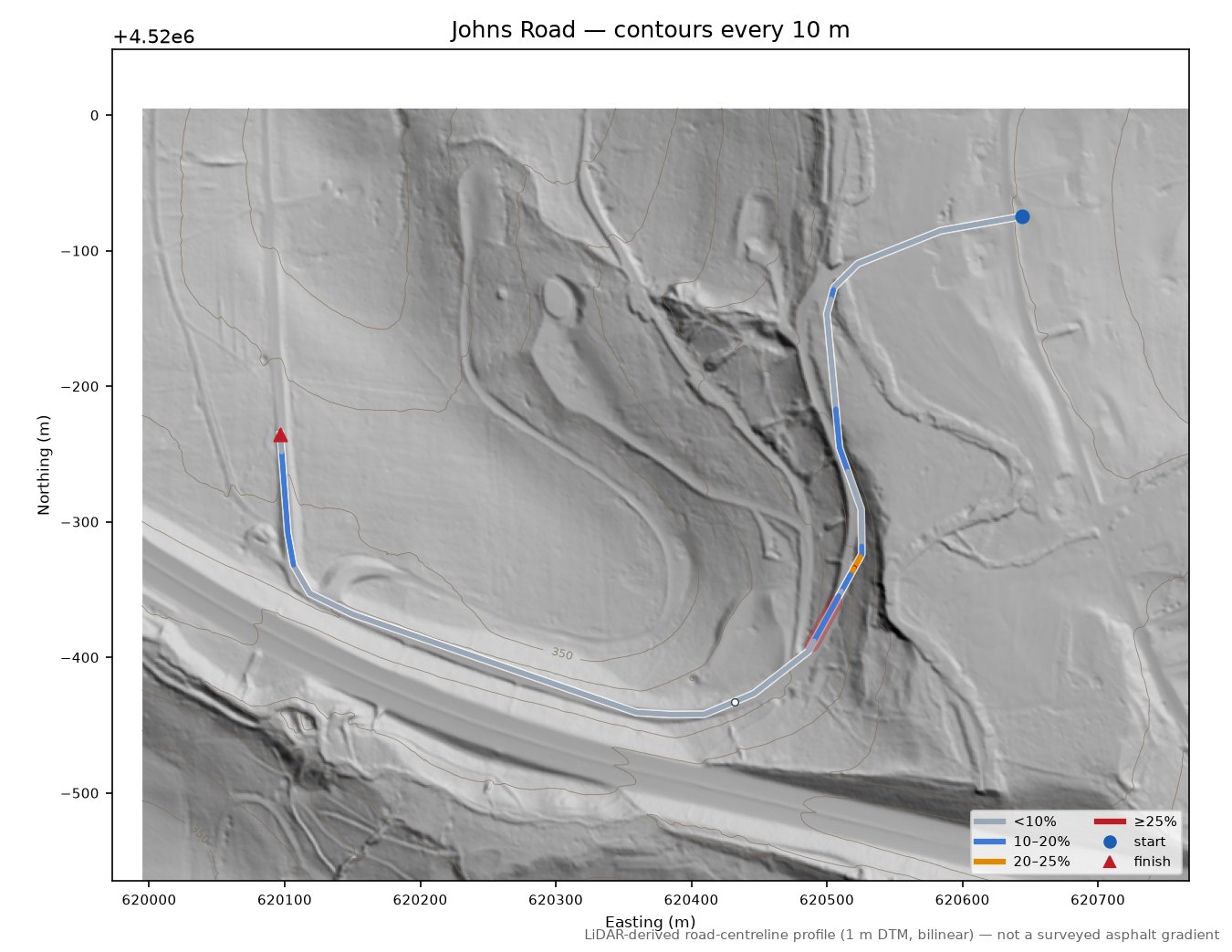 Johns Road LiDAR hillshade map with contours