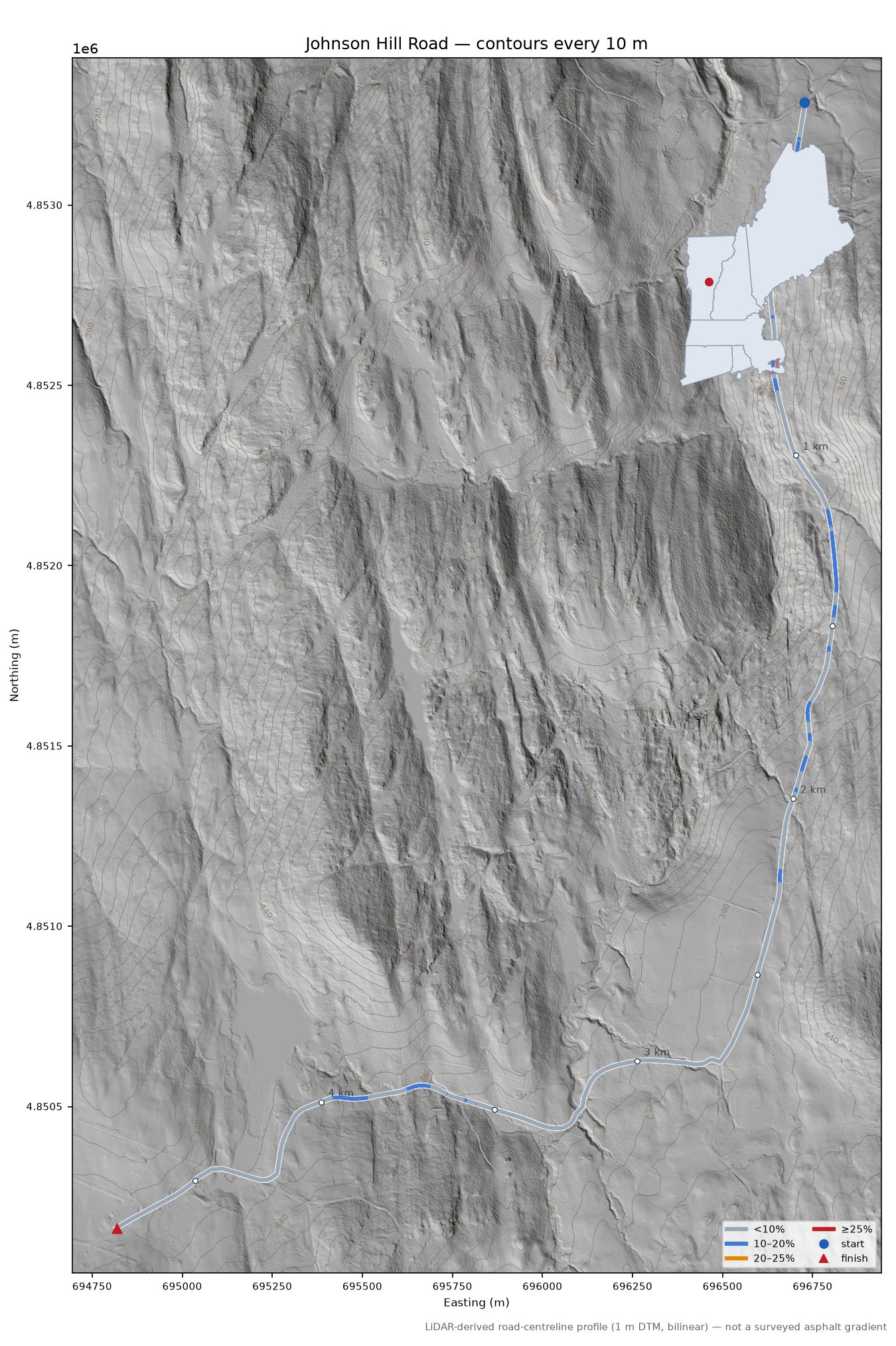 Johnson Hill Road LiDAR hillshade map with contours