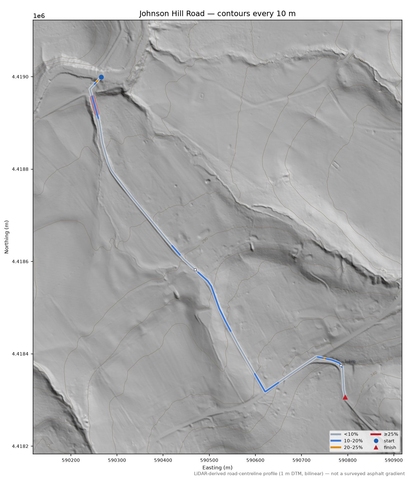 Johnson Hill Road LiDAR hillshade map with contours