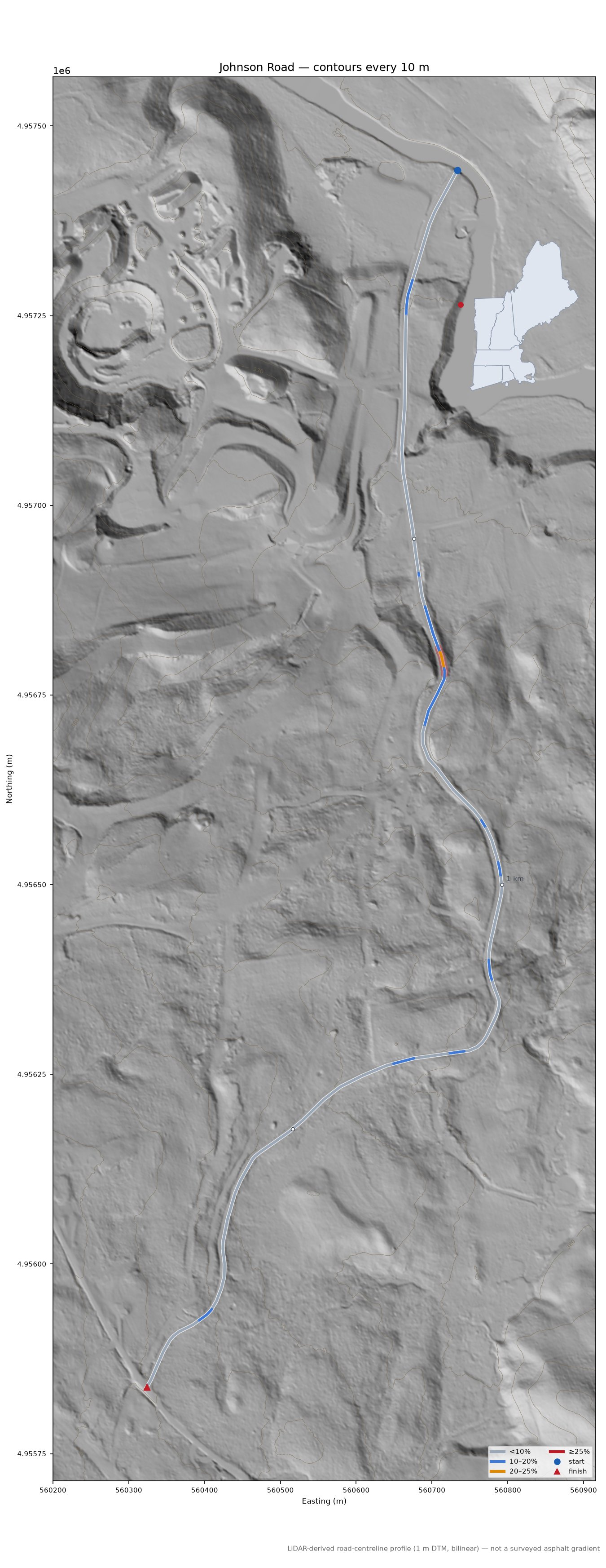 Johnson Road LiDAR hillshade map with contours