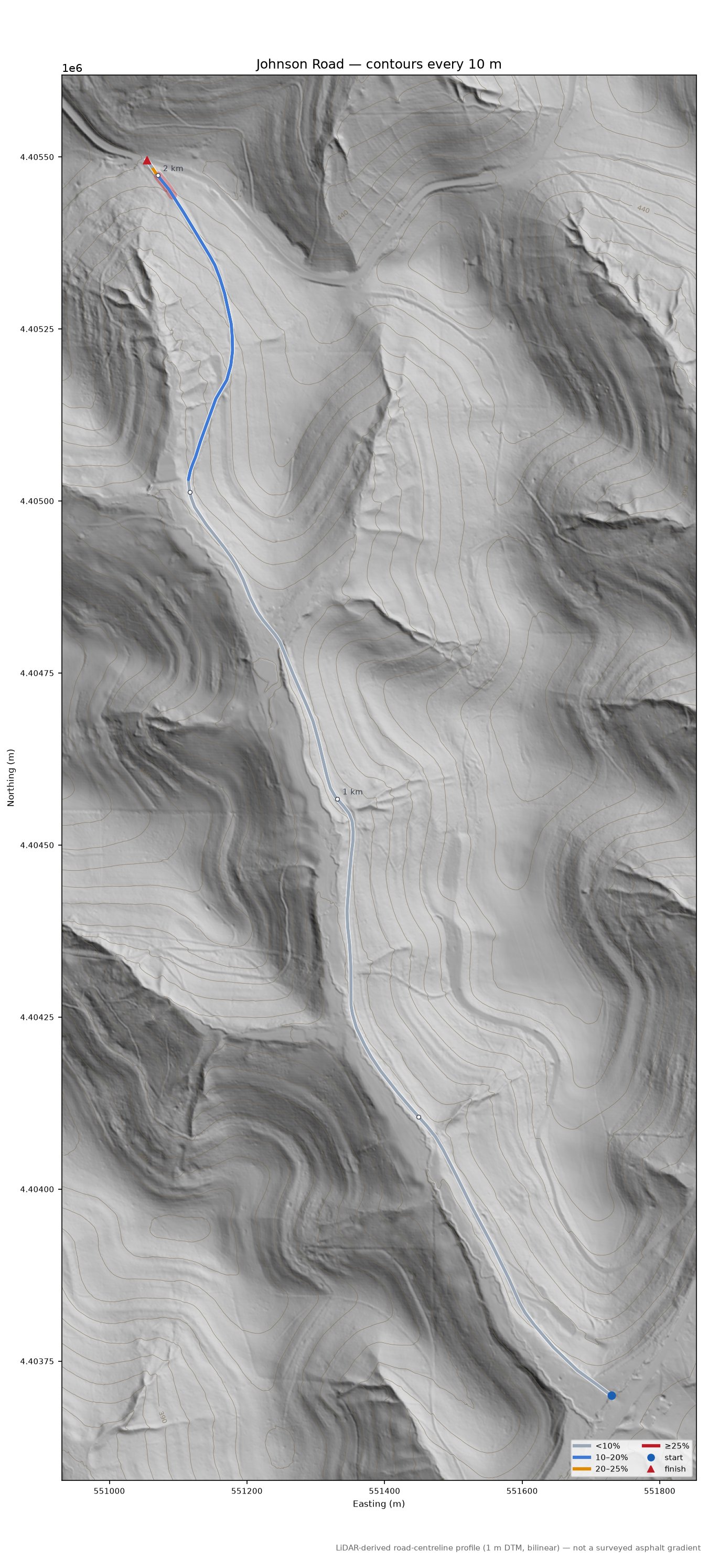 Johnson Road LiDAR hillshade map with contours
