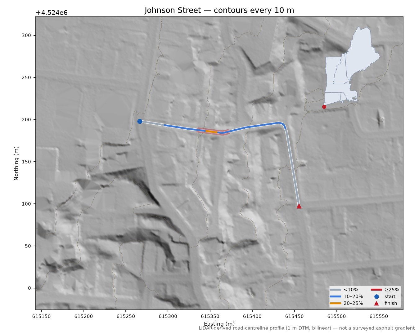 Johnson Street LiDAR hillshade map with contours