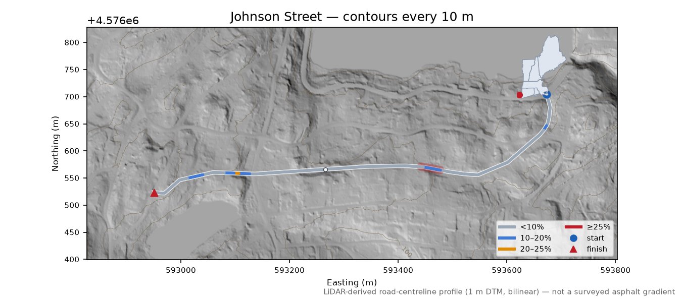 Johnson Street LiDAR hillshade map with contours