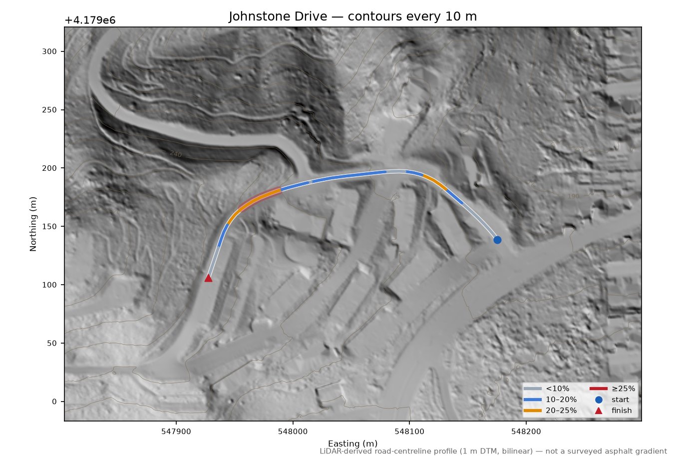 Johnstone Drive LiDAR hillshade map with contours