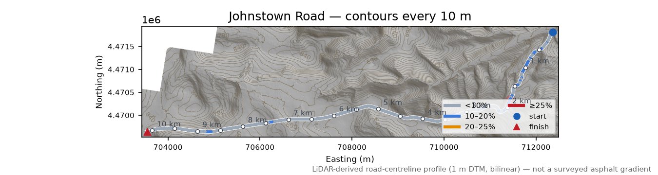 Johnstown Road LiDAR hillshade map with contours