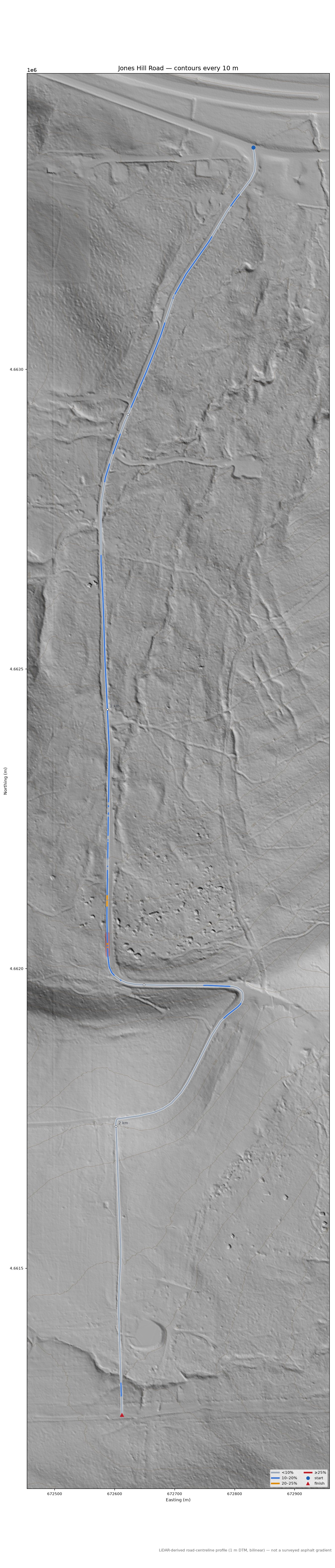 Jones Hill Road LiDAR hillshade map with contours