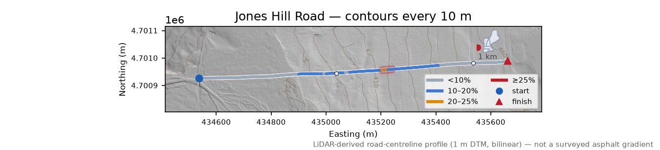 Jones Hill Road LiDAR hillshade map with contours