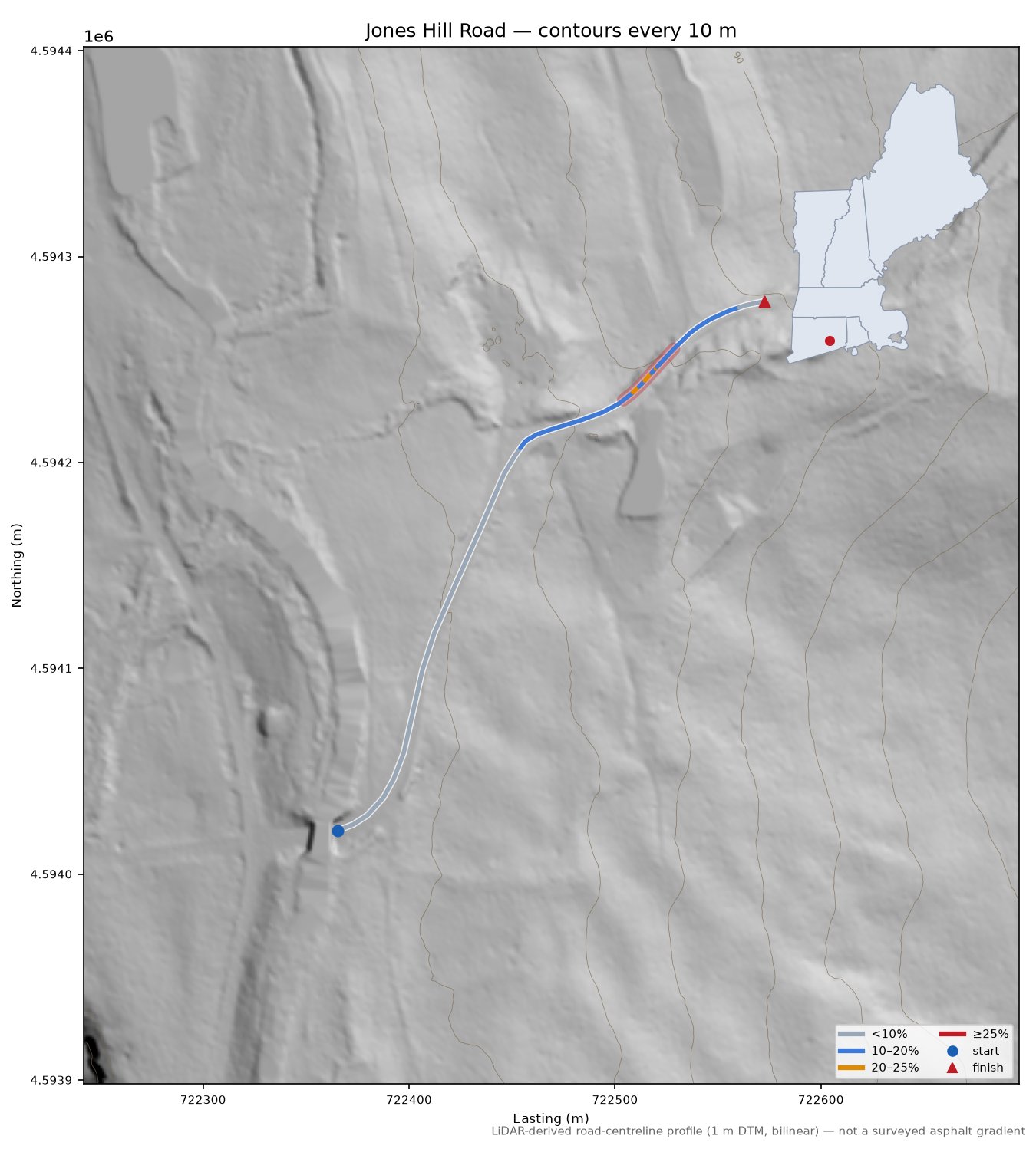 Jones Hill Road LiDAR hillshade map with contours
