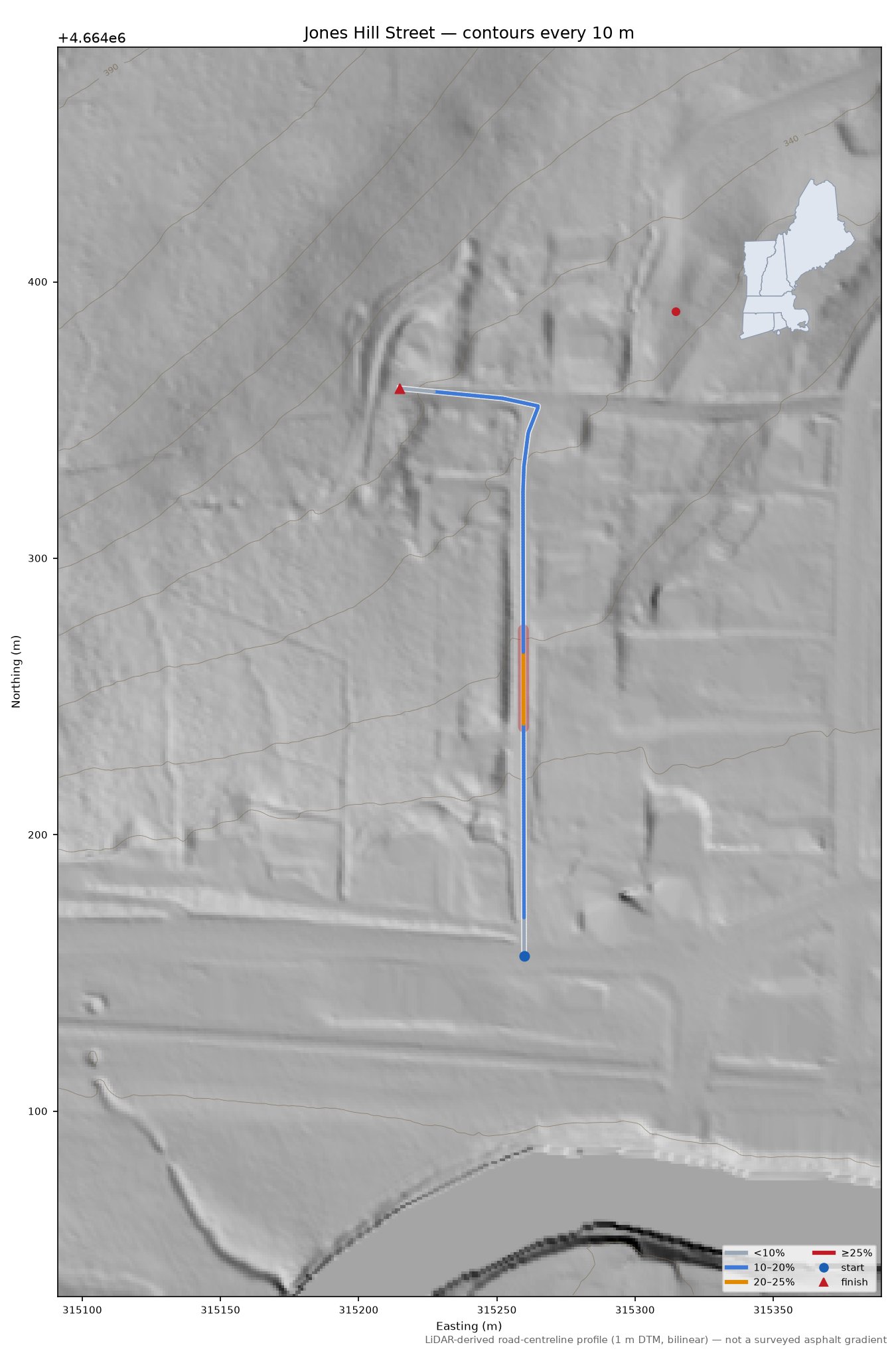 Jones Hill Street LiDAR hillshade map with contours