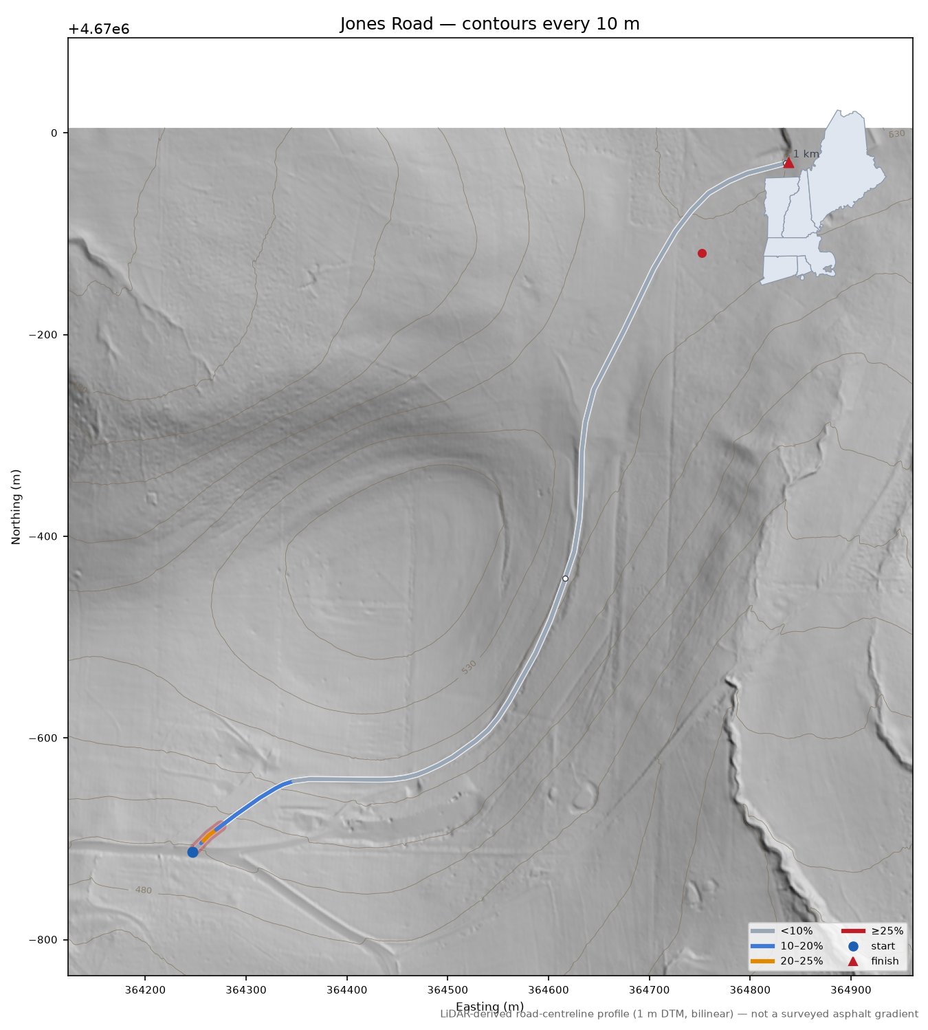 Jones Road LiDAR hillshade map with contours