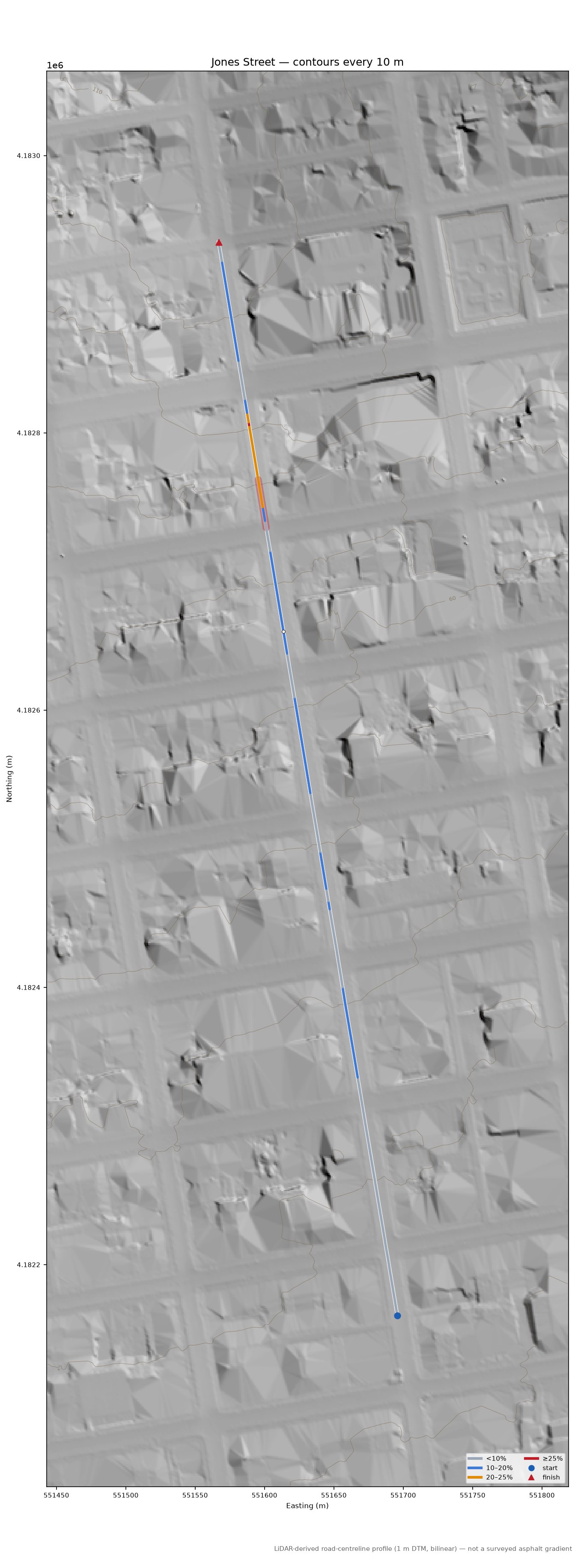 Jones Street LiDAR hillshade map with contours