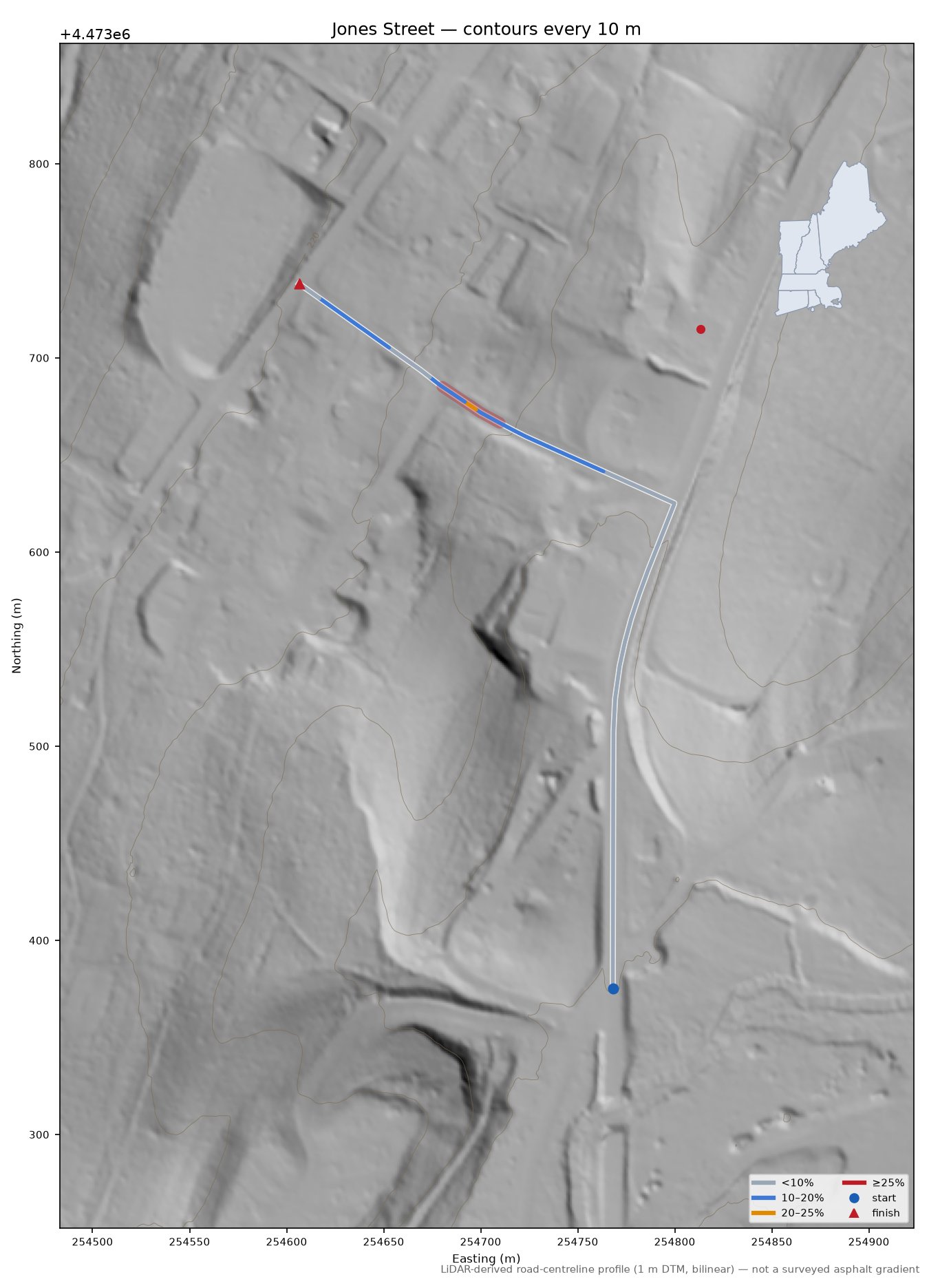 Jones Street LiDAR hillshade map with contours