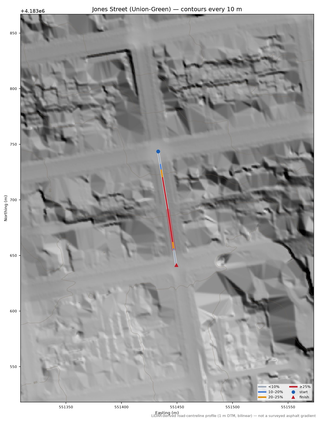 Jones Street (Union-Green) LiDAR hillshade map with contours